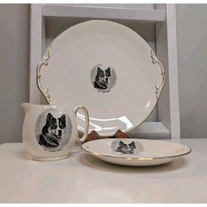 Royal Winton Grimwades Yukon Husky Dog Cake Plate Cream Set Vintage China Rare